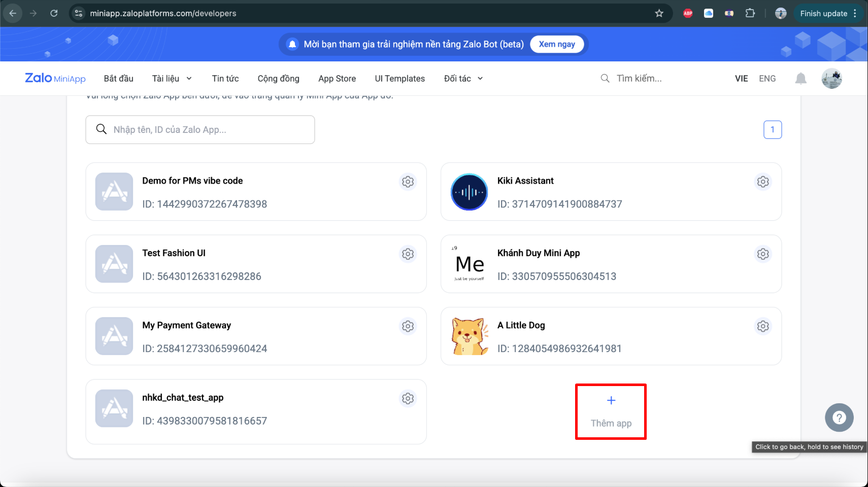 Vào phần developers